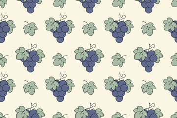 Hand drawn grape fruit with cute botanical leaves seamless repeat pattern background