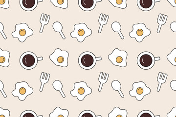 Cute breakfast food pattern with eggs coffee and kitchen utensils seamless repeat pattern background