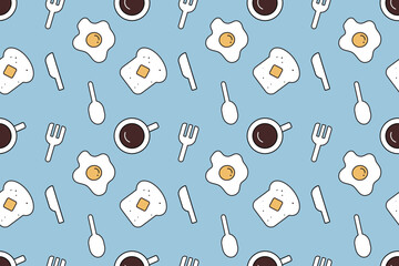 Kawaii breakfast food with toast coffee eggs and utensils seamless repeat pattern background