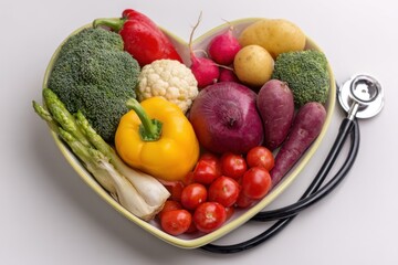 Fresh vegetables and fruits arranged in a heart shaped dish next to a stethoscope promoting healthy eating and wellness