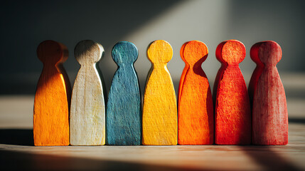 colorful wooden figurines lined up on bright background with soft sunlight and shadows representing teamwork diversity inclusion unity equality and strong community connection
