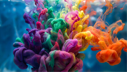 Spectacular Watercolor Symphony: Vibrant hues dance in an ethereal underwater spectacle, transforming into breathtaking forms that evoke creativity, art, and the wonders of liquid expression.