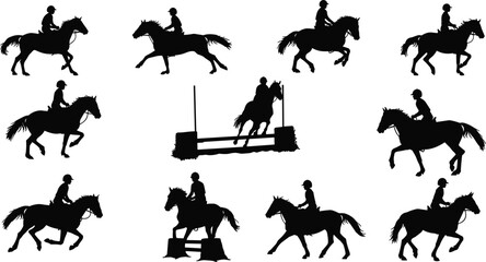 Horseback riding silhouette set, equestrian sports poses, show jumping, dressage, obstacle training, rider and horse motion, flat vector illustration