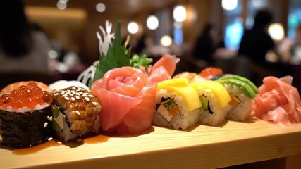 Close up of assorted colorful sushi rolls and salmon sashimi rose served on a wooden board in a dimly lit restaurant