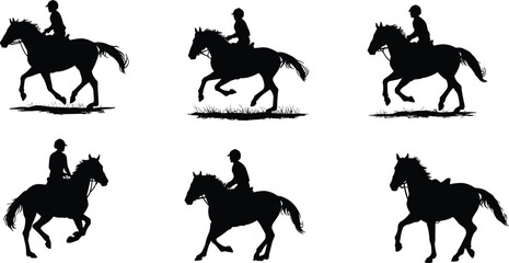 Horse riding silhouettes, equestrian motion vector, rider on horseback poses, dynamic gait illustration, flat vector, black outline, saddle art