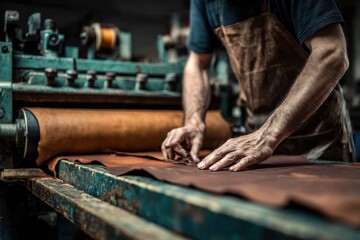 Crafting leather goods in a workshop highlighting skilled hands and traditional techniques in a leather production facility