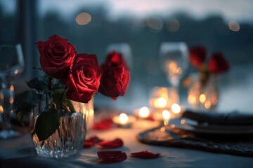 Romantic date night with red roses and soft candlelight at a cozy table setting by the water