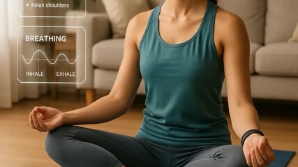 Woman practicing meditation at home with smart fitness tracker for wellness and mindfulness