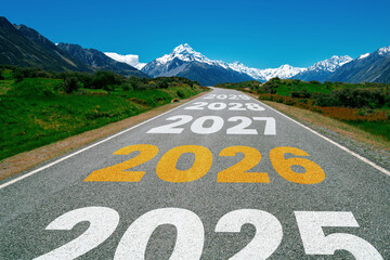2026 New Year road trip travel and future vision concept . Nature landscape with highway road...