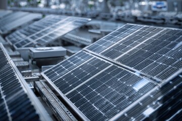 Solar panels in a factory display modern technology for renewable energy production and sustainability solutions in an industrial setting