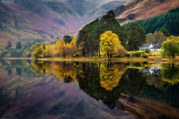 Stunning autumn reflection over a tranquil loch in the Scottish Highlands showcasing vibrant foliage and serene nature