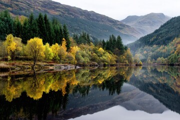 Fototapeta premium Breathtaking autumn landscape along a tranquil loch in the Scottish Highlands showcasing vibrant foliage and serene waters