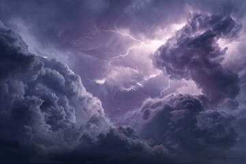 Dramatic stormy clouds with vivid lightning illuminating the dark sky during a tumultuous evening