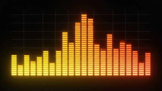 Glowing orange and yellow audio spectrum analyzer equalizer bars display on a dark background with grid