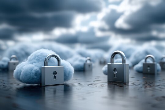 Cloud based file storage and secure data backup solutions with locks in a digital environment representing data security and privacy