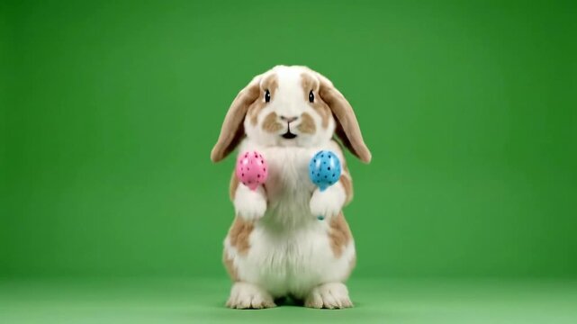 Adorable Lop-Eared Rabbit with Easter Eggs Playing Musical Instruments on a Vibrant Green Screen Background