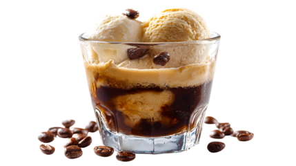 Glass of affogato dessert with vanilla ice cream and espresso isolated on transparent background