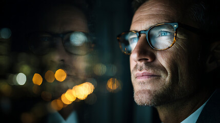 businessman standing by window at night, leadership concept showing focus ambition planning and executive business vision