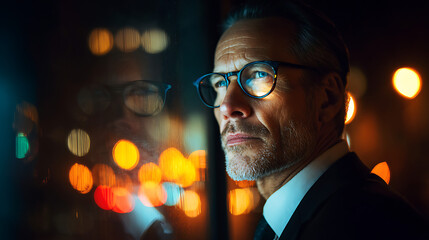 businessman standing by window at night, leadership concept showing focus ambition planning and executive business vision