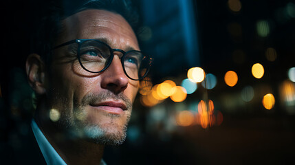 businessman standing by window at night, leadership concept showing focus ambition planning and executive business vision
