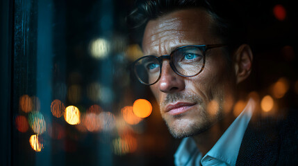 businessman standing by window at night, leadership concept showing focus ambition planning and executive business vision