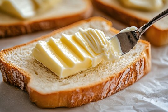 A close-up shot of a slice of bread being spread with butter, showcasing the creamy texture and golden color of the butter against the light brown of the bread.