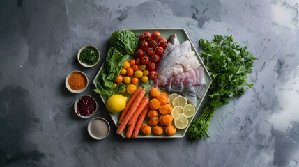 Colorful Octagon: A Geometric Arrangement of Fresh Produce on Gray Background