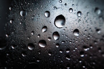 Close up view of transparent water droplets on a dark surface capturing light in intricate patterns during a rainy day