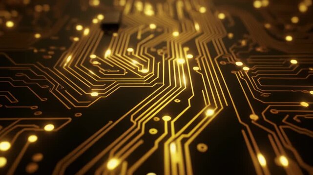 A close up view of a circuit board with glowing yellow lines and circular connections