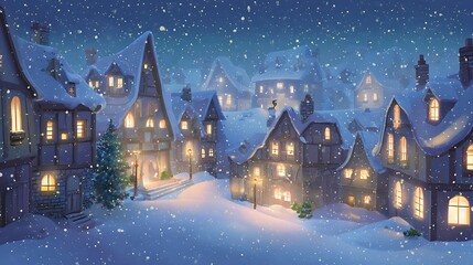 Fototapeta premium Cozy, illuminated fairytale village nestled under a heavy blanket of falling snow at night