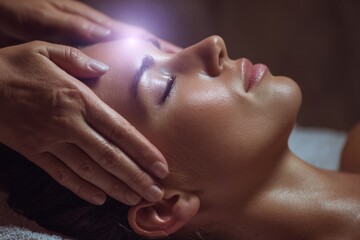 Woman receiving a reiki massage to balance chakras and promote energy healing while relaxing at a spa in a serene environment