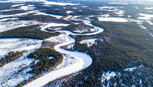 Aerial landscape view of a winding river in the mountains with a beautiful sky and nature