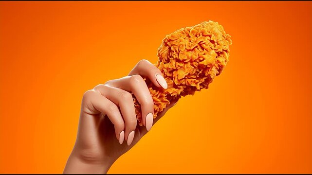 Woman's hand with manicured nails holding crispy fried chicken drumstick against vibrant orange background