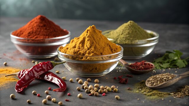 Assortment of colorful ground spices and whole peppercorns displayed in glass bowls on a dark, textured surface for culinary use - Powered by Adobe