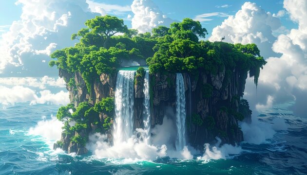Fantasy Floating Island with Lush Forest and Waterfalls Cascading into the Ocean