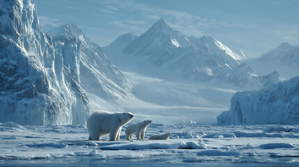 polar bear and her cubs in vast frozen arctic wilderness, wildlife family framed by ice snow glaciers and untouched northern environment
