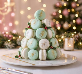Christmas table setting with christmas tree made from macaroons white and mint colors on festive light background.  Sweet dessert festive bakery