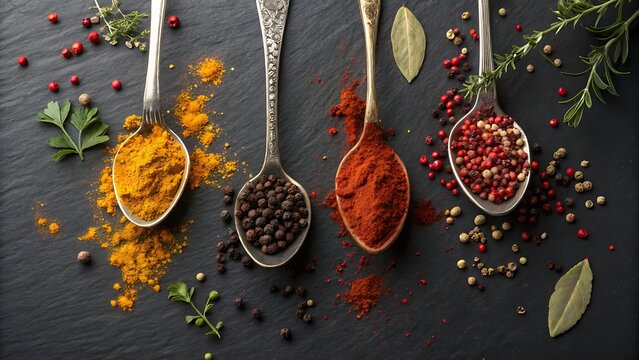 Four antique silver spoons filled with colorful spices like turmeric, peppercorn, paprika, and mixed berries on dark slate background
