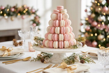 Christmas table setting with christmas tree made from macaroons white and pink colors on festive light background.  Sweet dessert festive bakery