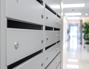 Gray mailboxes line a bright hallway