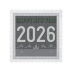 
Retro 2026 Happy New Year Postage Stamp with Tropical Beach and Sailboats