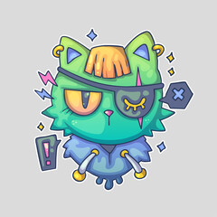 A quirky cartoon cat with an eyepatch, orange fur, and a blue collar, surrounded by various playful symbols. Cartoon vector character. Trendy style. Vector illustration.