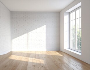 Obraz premium Bright room brick wall, wood floor, large window, sunlight