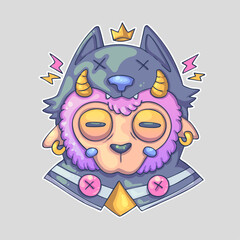 A cartoon character with a purple face, yellow horns, and a wolf hat, adorned with a crown and earrings. Cartoon vector character. Trendy style. Vector illustration.