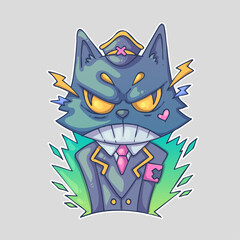 A cartoon cat in a suit with glowing eyes, a hat, and a heart on the cheek, surrounded by green spikes. Cartoon vector character. Trendy style. Vector illustration.