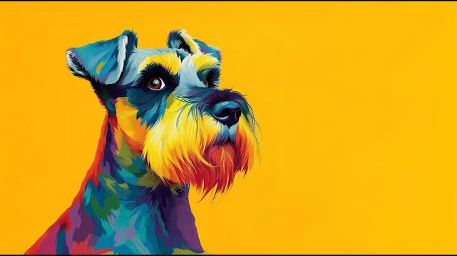 Colorful digital illustration of schnauzer dog on vibrant yellow background in modern pop art style