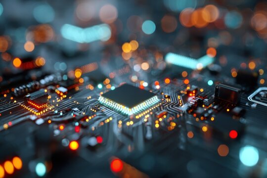 Circuit board design showcasing vibrant glowing lights with a blurred background in a close-up view during a modern technology event