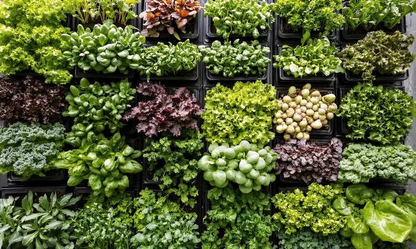 Assortment of Fresh Leafy Greens and Microgreens Growing in Vertical Garden Containers Under Bright Natural Lighting with Detailed Textures and Vibrant Colors Displayed in a Grid Pattern