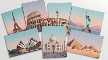 global postcard collage — colourful travel memories, vibrant destination art, textured wall display, tourism collection background for web, banner, fashion, technology
