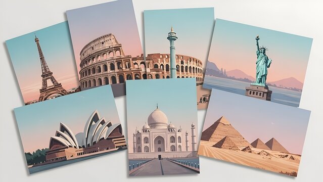 global postcard collage — colourful travel memories, vibrant destination art, textured wall display, tourism collection background for web, banner, fashion, technology